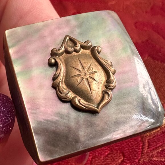 Vintage Polished Mother of Pearl Ring on Hardwood  - Size 9 with open back - Picture 1 of 5